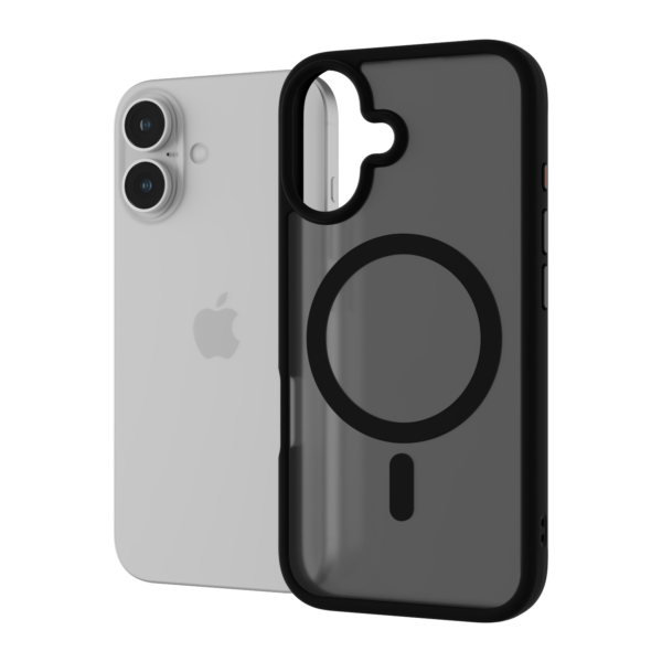 The Āsenaru Matte Hybrid MagSafe Case, featuring matte black TPU bumpers and a translucent gray back, designed for durability and full device protection, compatible with MagSafe accessories.