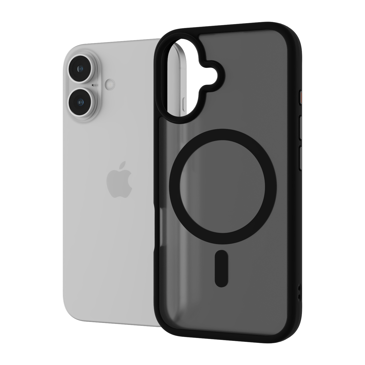 The Āsenaru Matte Hybrid MagSafe Case, featuring matte black TPU bumpers and a translucent gray back, designed for durability and full device protection, compatible with MagSafe accessories.