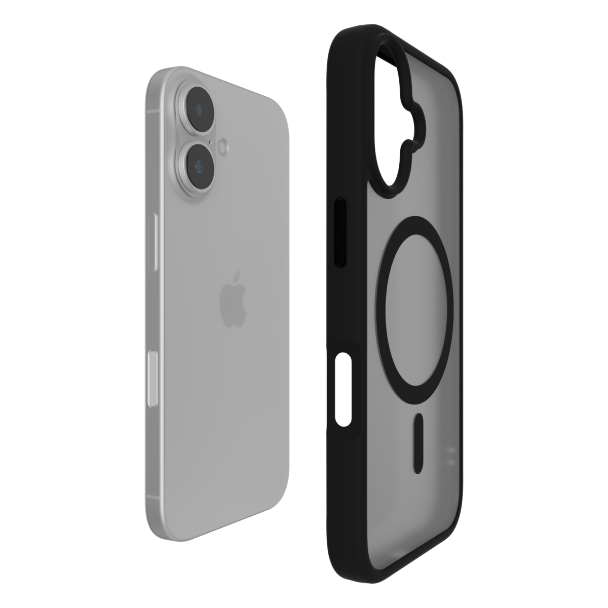 The Āsenaru Matte Hybrid MagSafe Case, featuring matte black TPU bumpers and a translucent gray back, designed for durability and full device protection, compatible with MagSafe accessories.