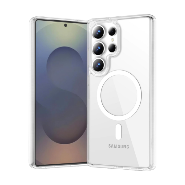 The Āsenaru Lite Hybrid Magsafe Case, a slim 1.3mm Galaxy S25 case with transparent TPU bumpers and a rigid polycarbonate back, showcasing full protection and MagSafe compatibility.