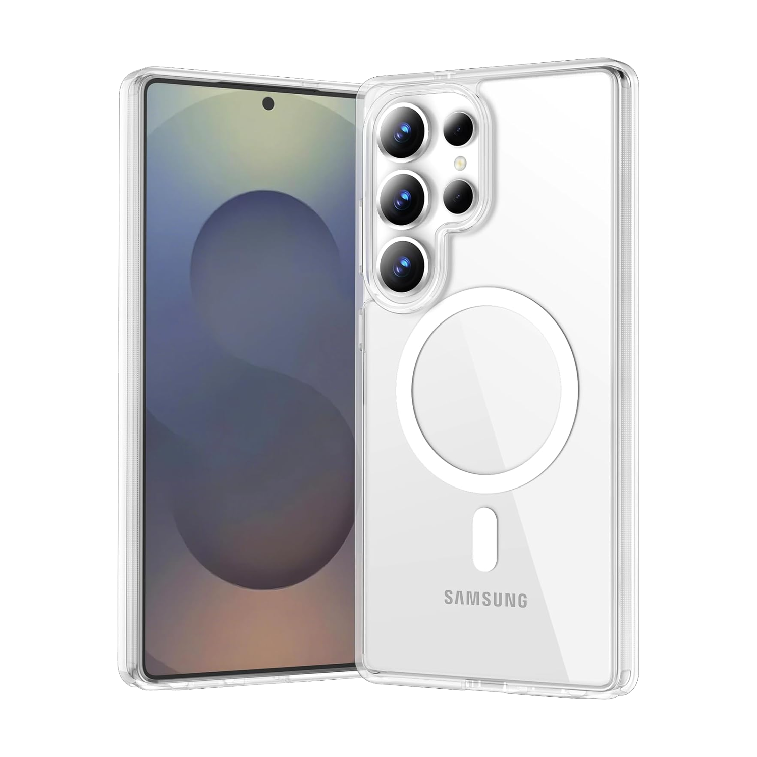 The Āsenaru Lite Hybrid Magsafe Case, a slim 1.3mm Galaxy S25 case with transparent TPU bumpers and a rigid polycarbonate back, showcasing full protection and MagSafe compatibility.