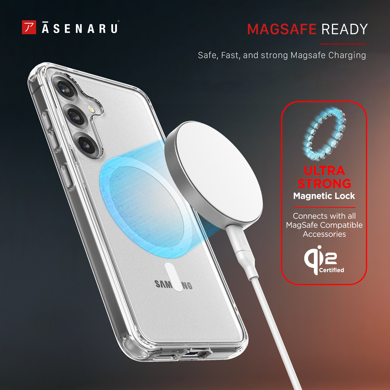 The Āsenaru Lite Hybrid Magsafe Case, a slim 1.3mm Galaxy S25 case with transparent TPU bumpers and a rigid polycarbonate back, showcasing full protection and MagSafe compatibility.